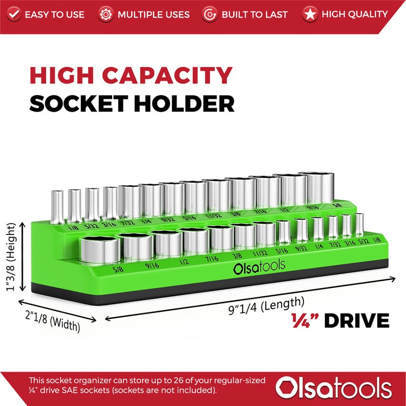 Olsa Tools Magnetic Socket Organizer | 1/4-inch Drive | SAE | Green | Holds 26 Sockets | Professional Quality Tools Organizer - Image 3